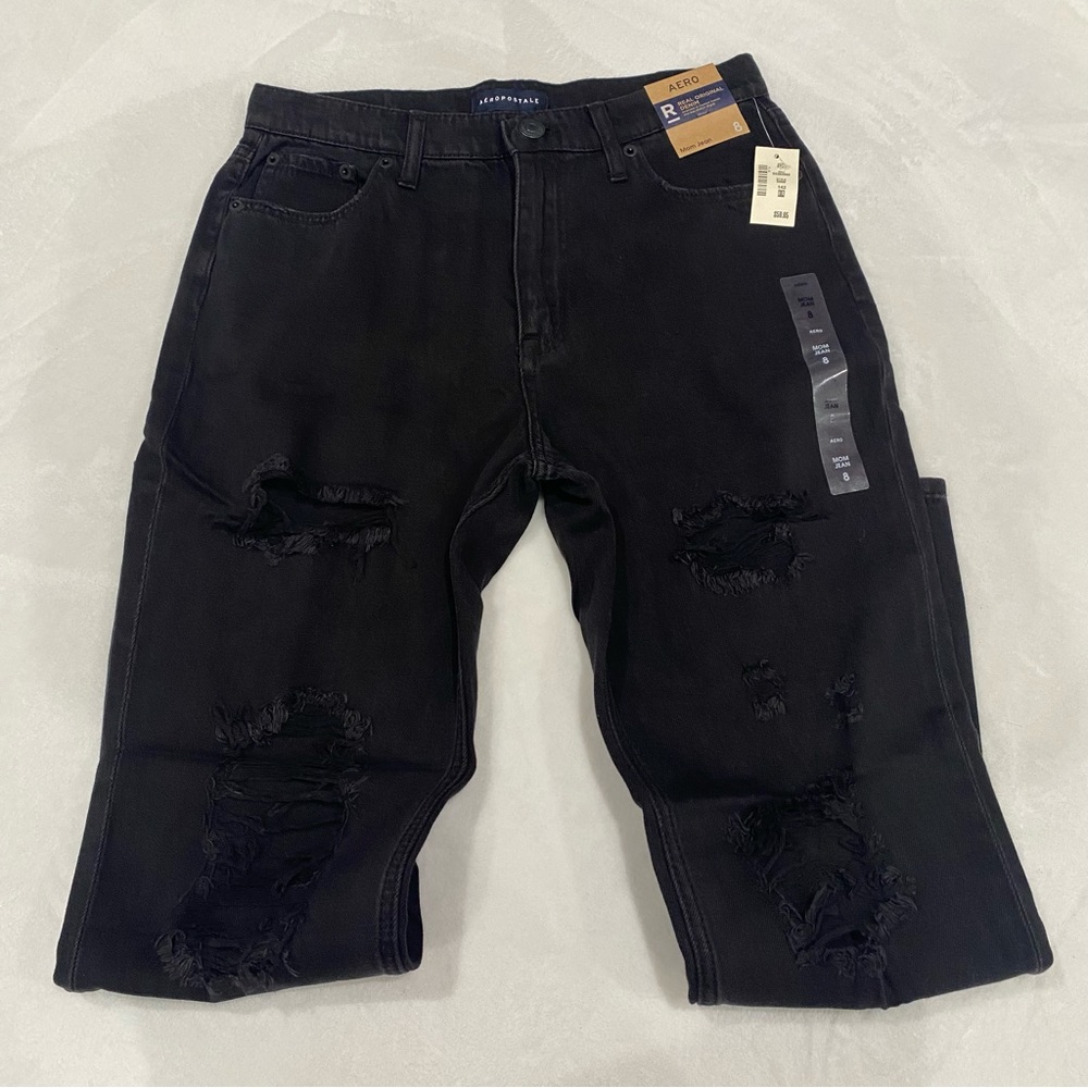 AERO NWT Women’s High-Rise Distressed Mom Jeans - black, size 8 - Picture 4 of 13
